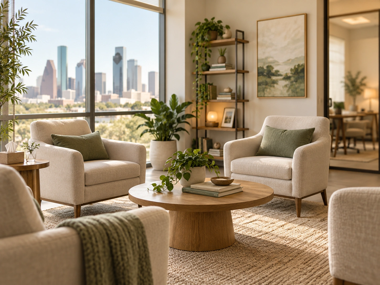 A welcoming therapy office with Houston skyline views