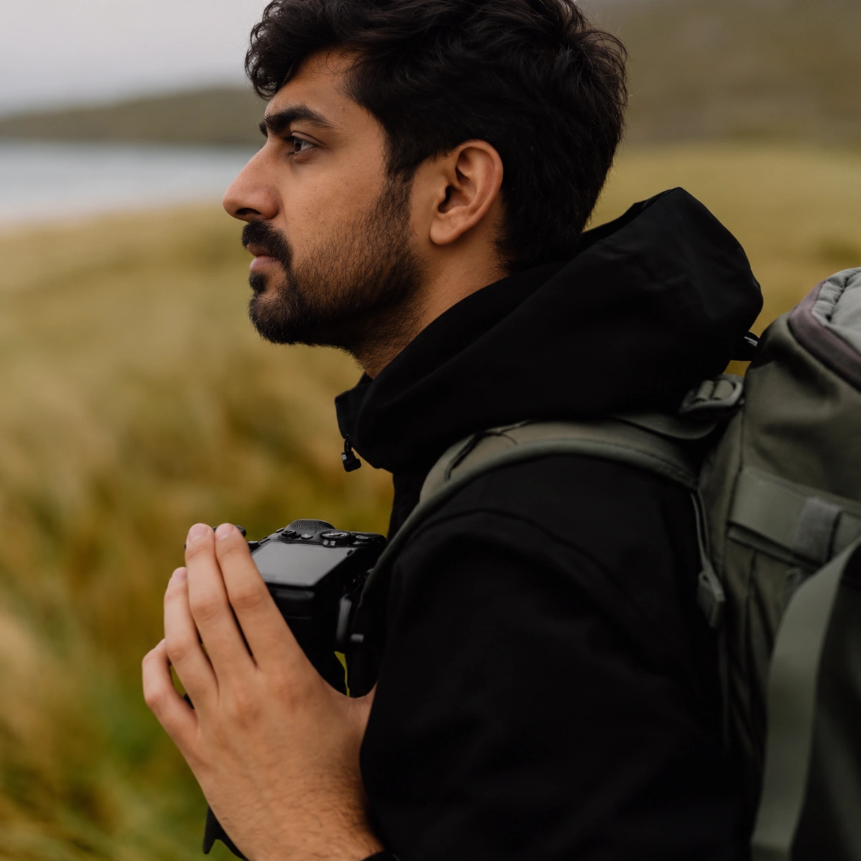 A man pausing outdoors